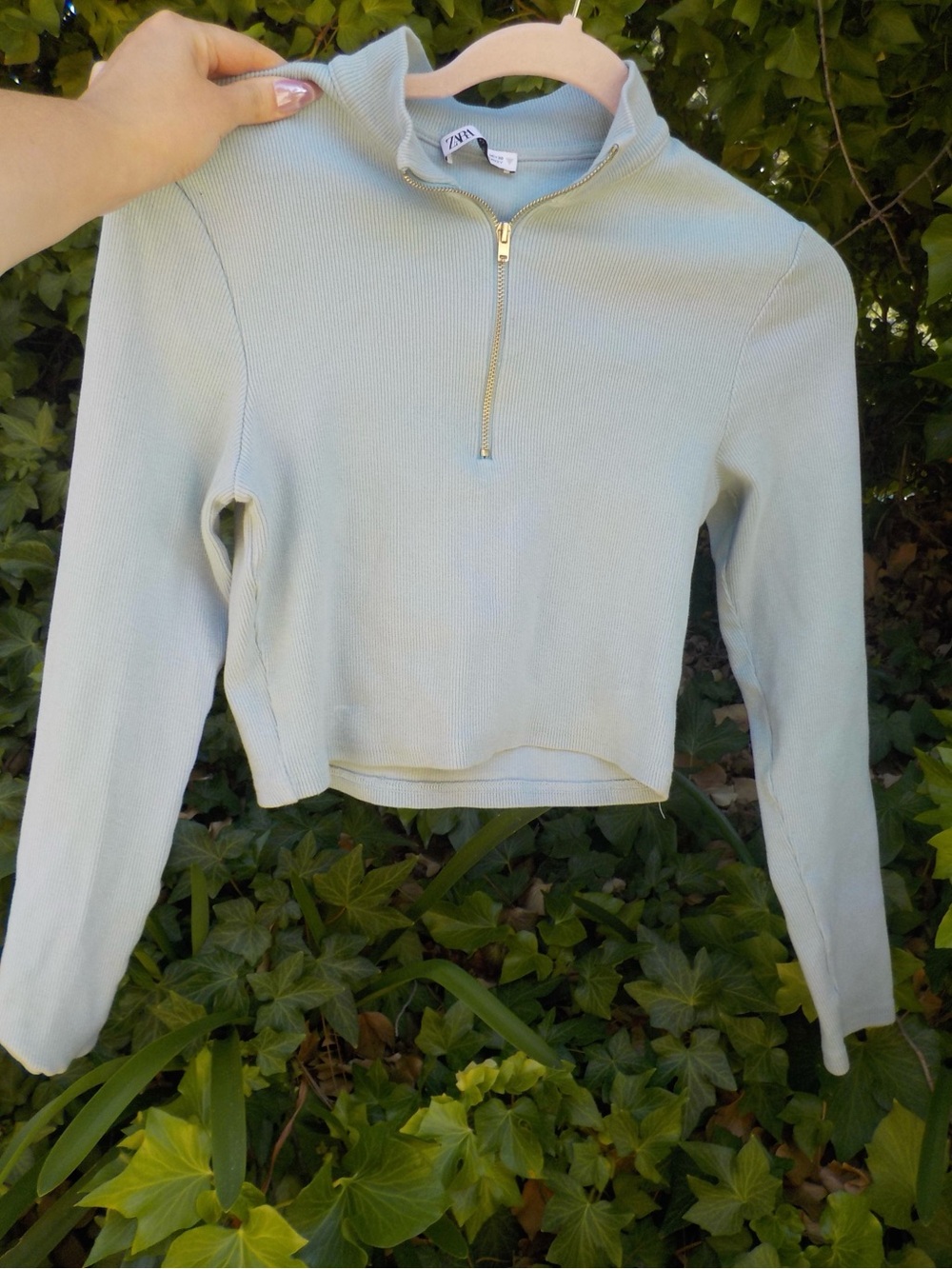 Zara Light Blue Half-Zip Ribbed Crop Top
